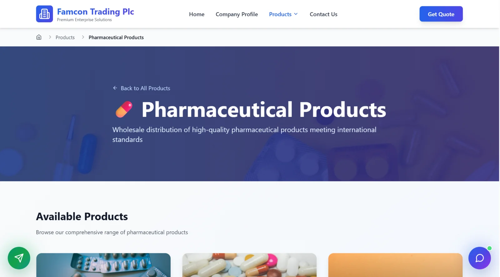 Screenshot of Famcon Trading PLC Corporate Website